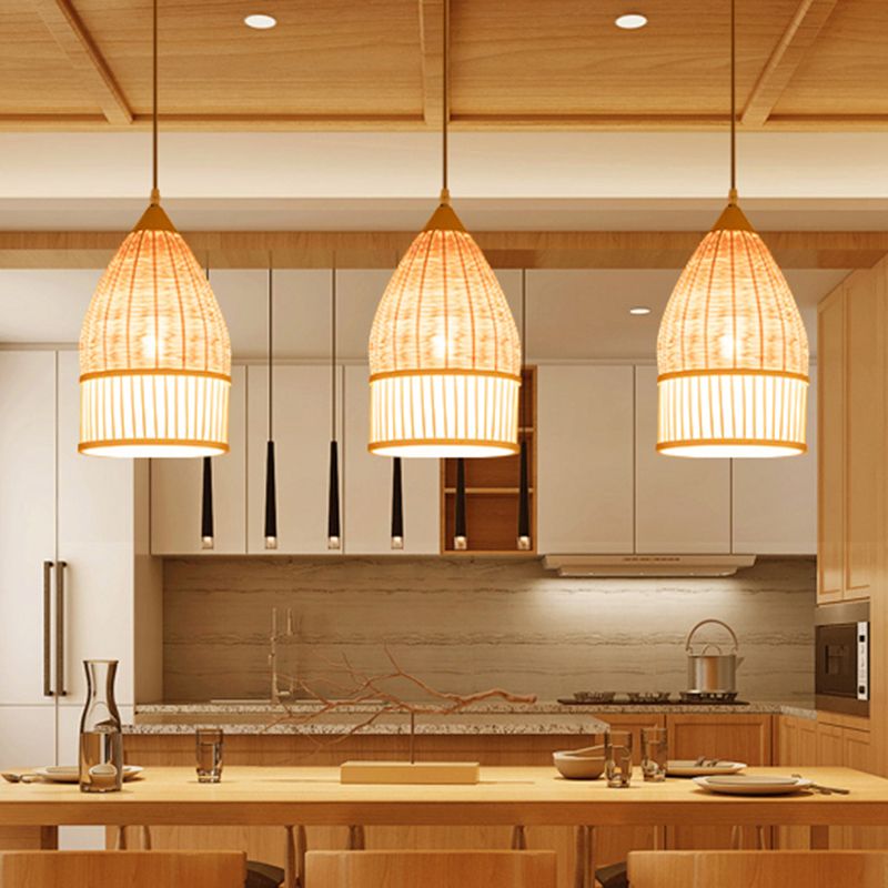 1 Light Dining Room Pendant Lamp Asia Beige Ceiling Light with Elongated Bamboo Shade
