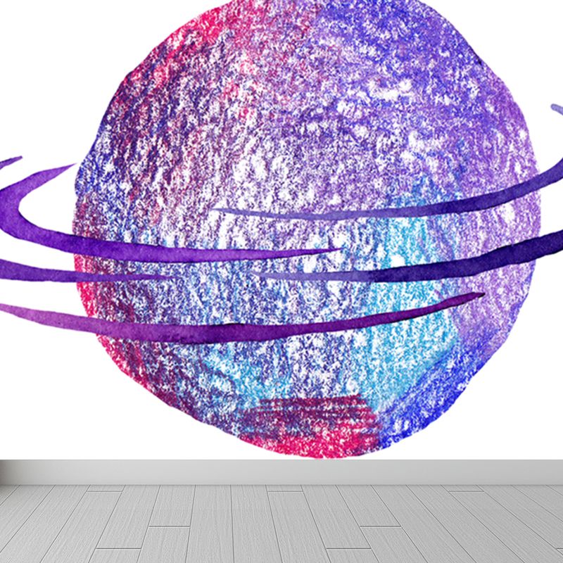 Watercolor Ringed Planet Mural Kids Style Smooth Wall Art in Dark Color for Bedroom