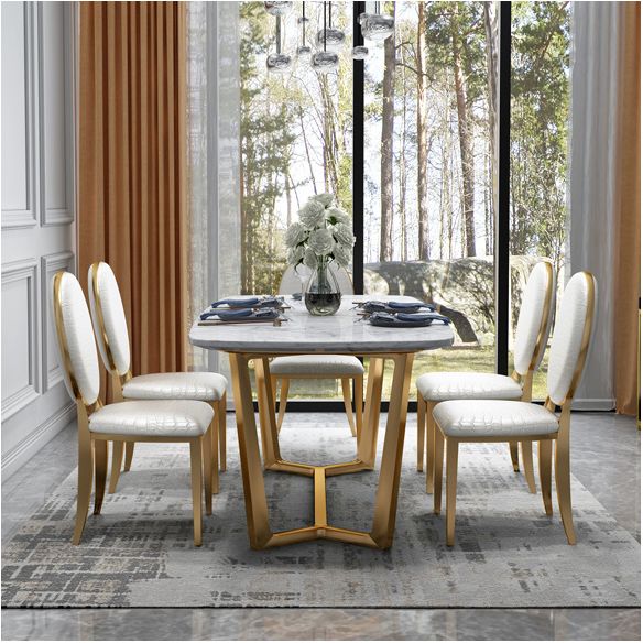 Modern Style Marble Dining Room Set with White Table and Gold Trestle Base for Home Use