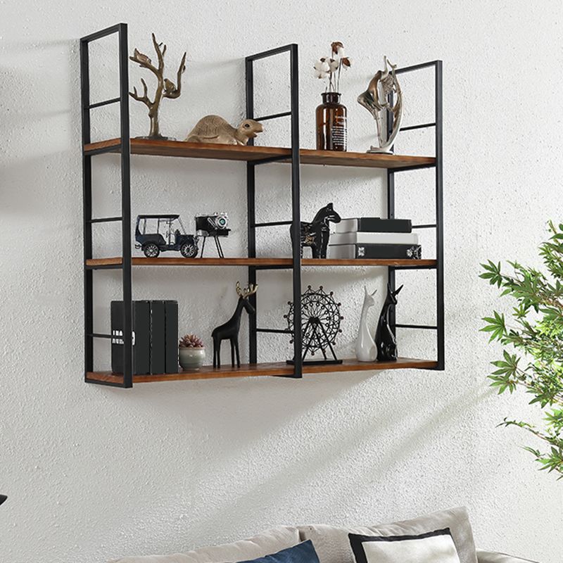 Wall Unit Industrial Bookshelf with Iron Frame Pine Wood Shelf