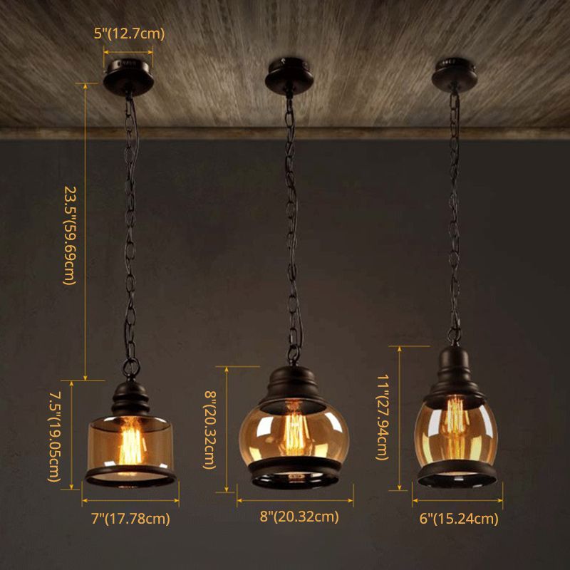 Luz de colgante simple negro en lámpara colgante de hierro forjado de estilo vintage industrial con sombra de vidrio