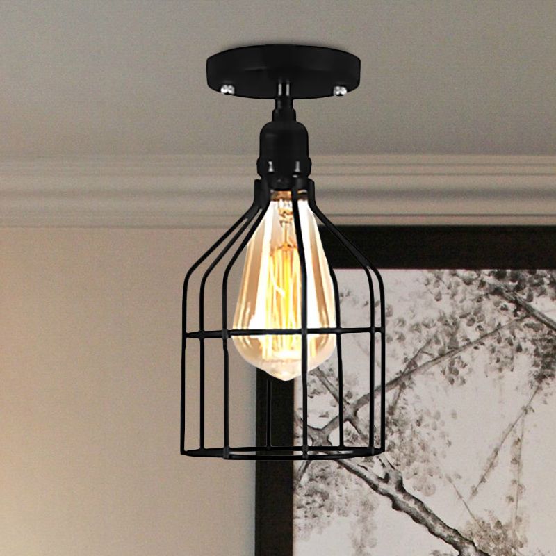 Global/Barrel Iron Semi Flush Mount with Wire Guard Farmhouse Style 1 Light Coffee Shop Ceiling Light in Black