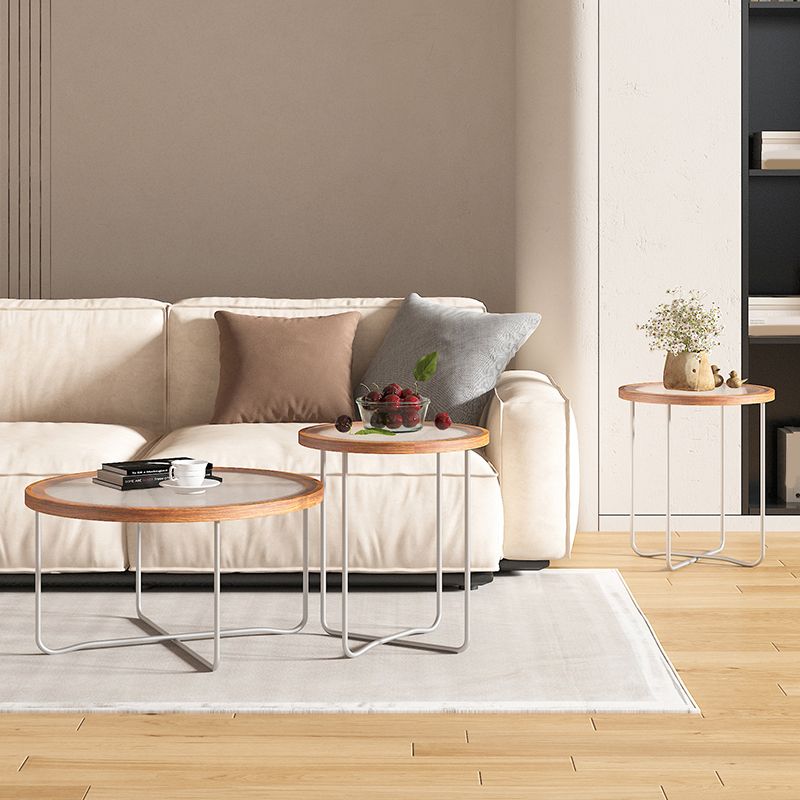 Round Glass Top Coffee Table Set Frame Cocktail Table with Wood Accent
