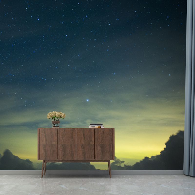 Large Modern Mural Blue-Yellow Mountain and Twinkling Star Sky Wall Decor, Custom-Made