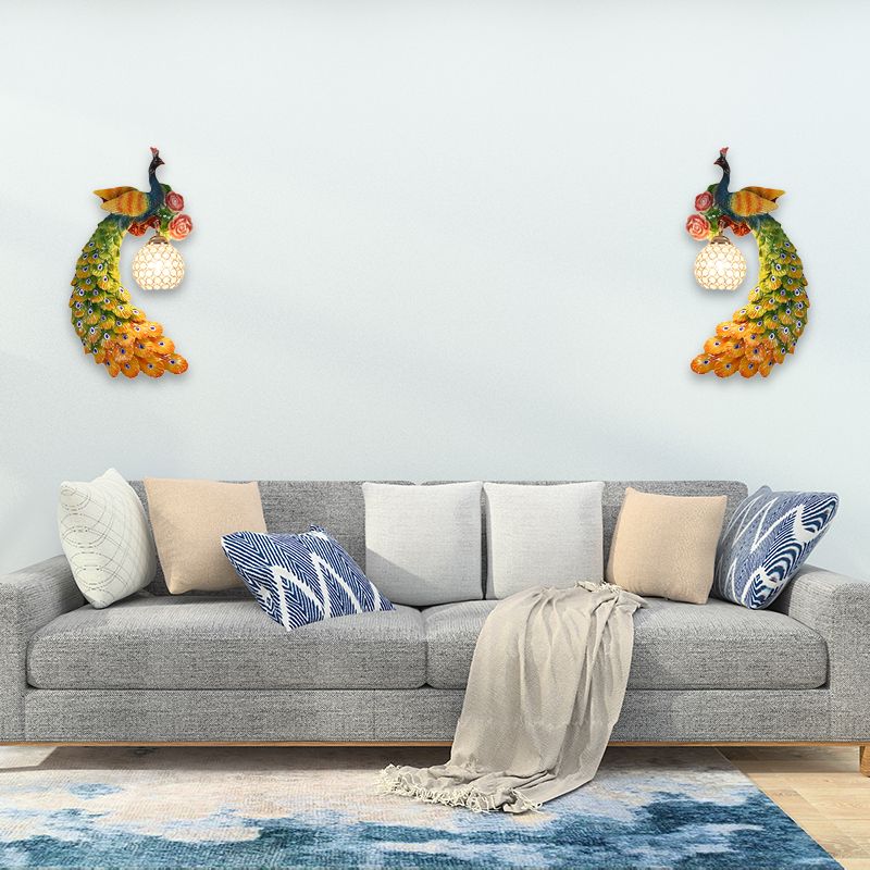 1/2-Pack Blue/Green Peacock Wall Light Fixture 8"/10" Wide 1 Head Retro Style Resin Wall Lamp with Crystal Global Shade, Left/Right