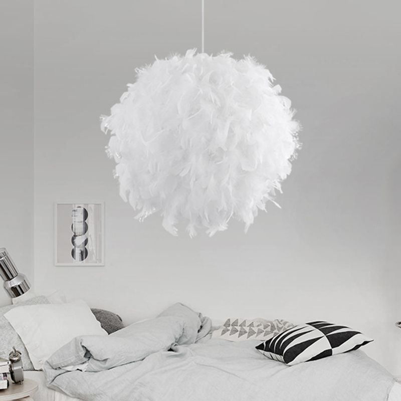 12"/14"/16" Wide Sphere Drop Pendant Modern Feather 1 Head Bedroom Hanging Ceiling Light in White/Pink/Rose Red
