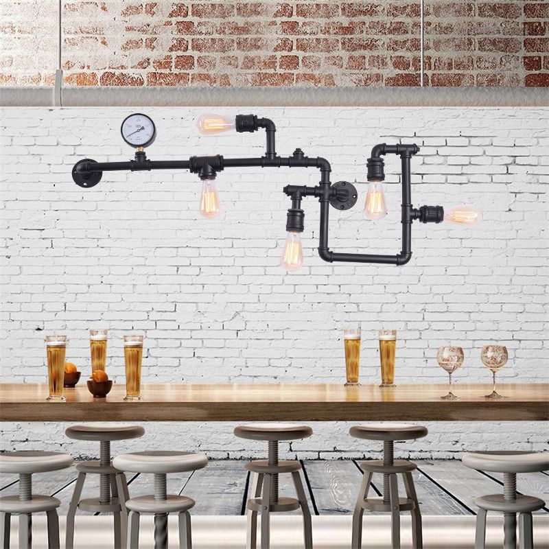Water Pipe Iron Wall Lighting Industrial 5 Bulbs Restaurant Wall Sconce with Decorative Gauge