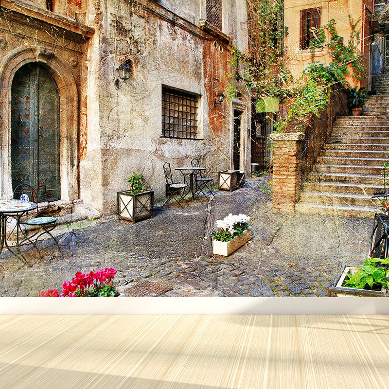 Beige Flowers and Houses Mural Moisture Resistant Contemporary Bathroom Wall Covering