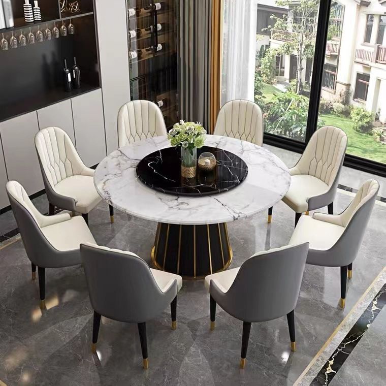 Round Stone Dining Table Modern Convertible Furniture with Pedestal Base