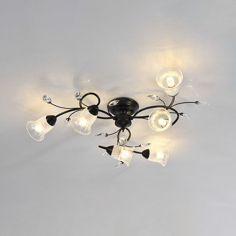 Helder kristal wijd uitlopende plafond spoel minimalistisch 6-head zwart/gouden semi-flush mount licht met gebogen arm