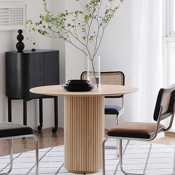 Round Pedestal Modern Dining Table Wood Color Fixed Table with Solid Wood