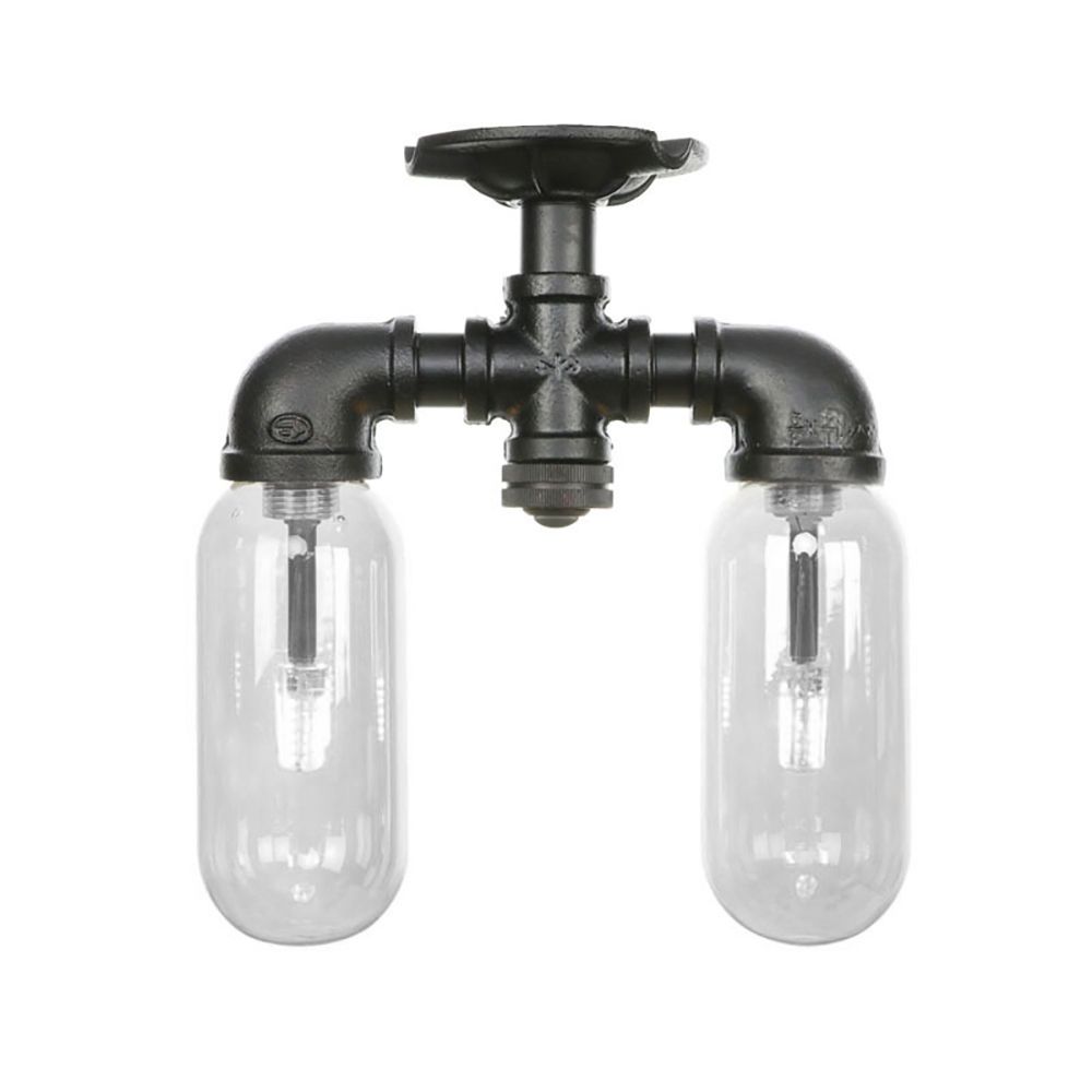 Lampada da soffitto per interni con paralume a capsula nero opaco vintage a 2 luci in vetro trasparente con montaggio a semicerchio e design a tubo