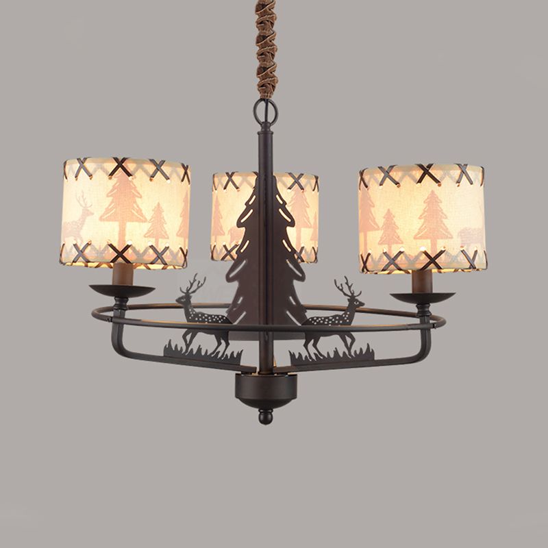 Beige Drum Chandelier Lamp Traditional Fabric 3 Lights Bedroom Hanging Light with Animal Design