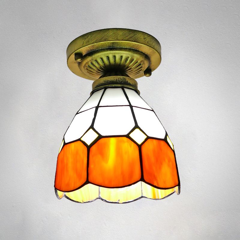 1 Head Flush Mount Light Classic Bell Shade Gridded Glass Semi Flush Ceiling Light