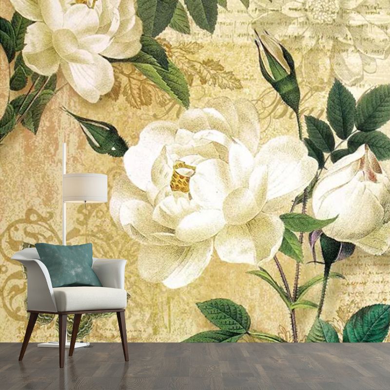 Peony and Script Print Mural White and Brown Vintage Wall Art for Home Decoration