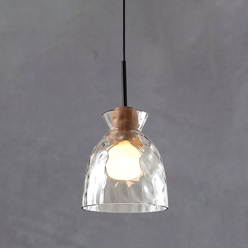 Ripple Glass Black Hanging Lamp in Modern Artistic Style Wooden Geometric Pendant Light