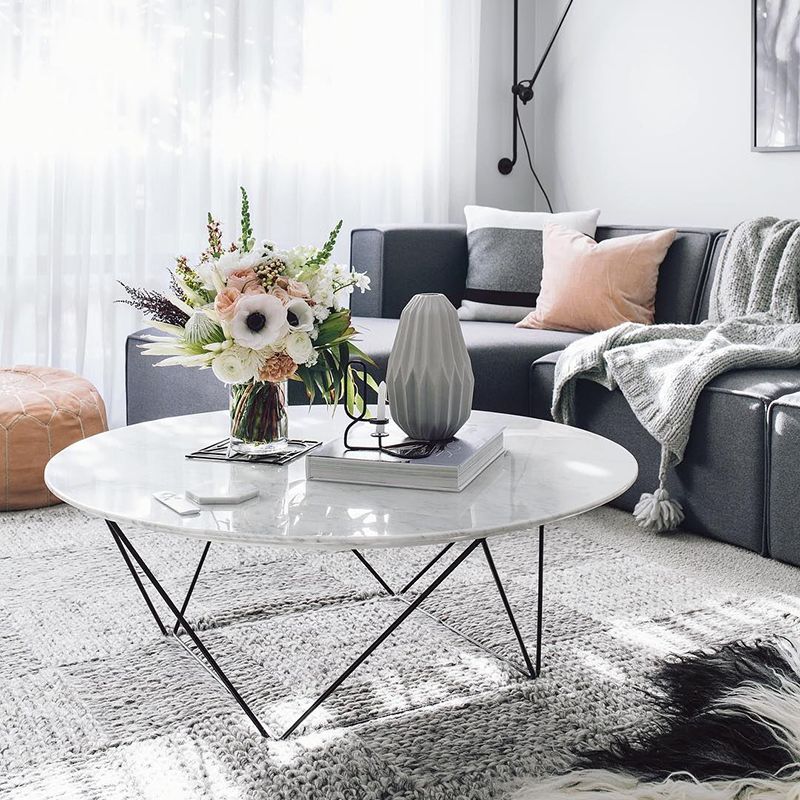 Frame Base Coffee Table Round Black/White Stone Cocktail Table