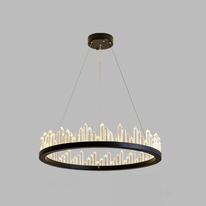 Black Circular LED Pendant Light in Modern Luxury Style Wrought Iron Hanging Lamp with Crystal Shade