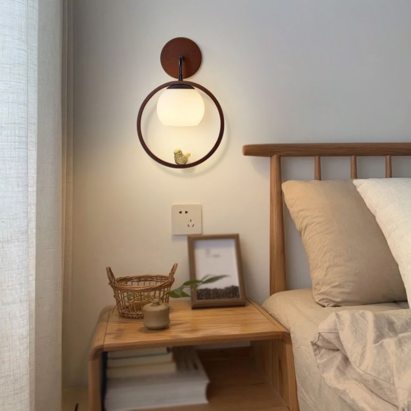 Round Shape Wood Vanity Sconce Light Modern Style 1-Light Vanity Mirror Lights