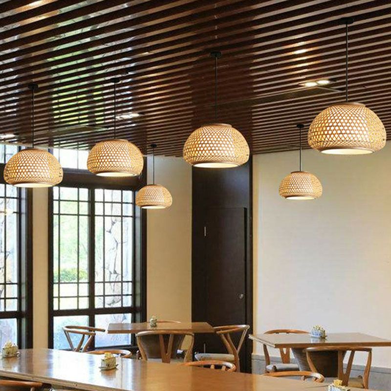 Wood Bowl Shaped Pendant Asian 1 Light Bamboo Woven Ceiling Hang Light for Dining Room