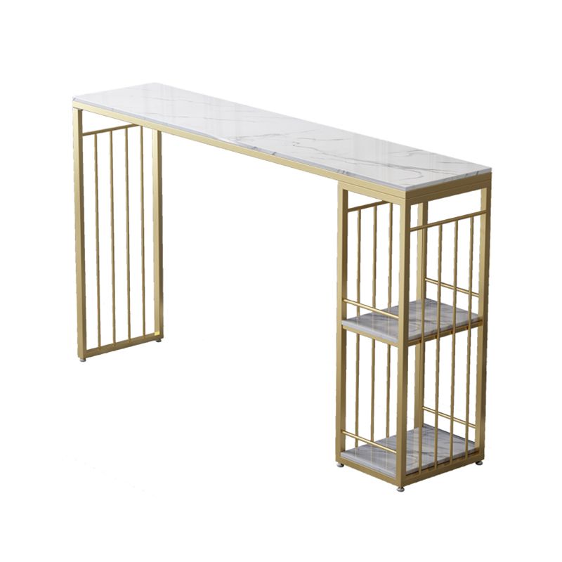 Glam Rectangle Stone Pub Bar Table Gold Iron Double Pedestal Bar Dining Table with 2-Shelf