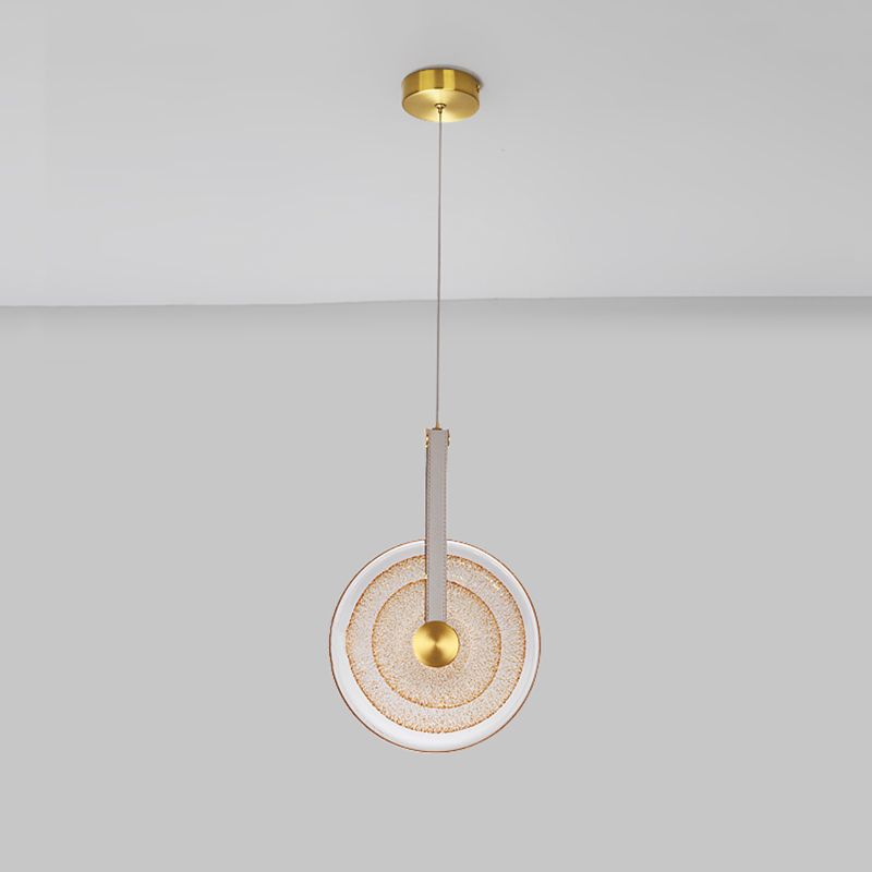Messing schijf suspensie licht postmoderne getextureerde glazen led-droplamp met lederen band