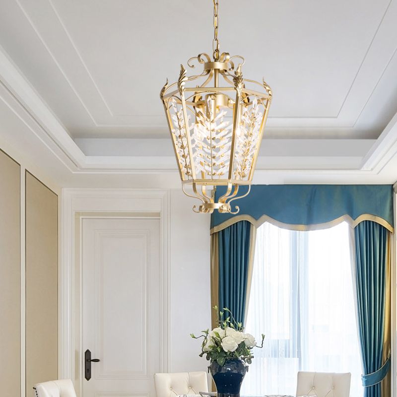 Gold Lantern Chandelier Light Traditional Metal 3 Lights Dining Room Hanging Ceiling Light with Crystal Accent