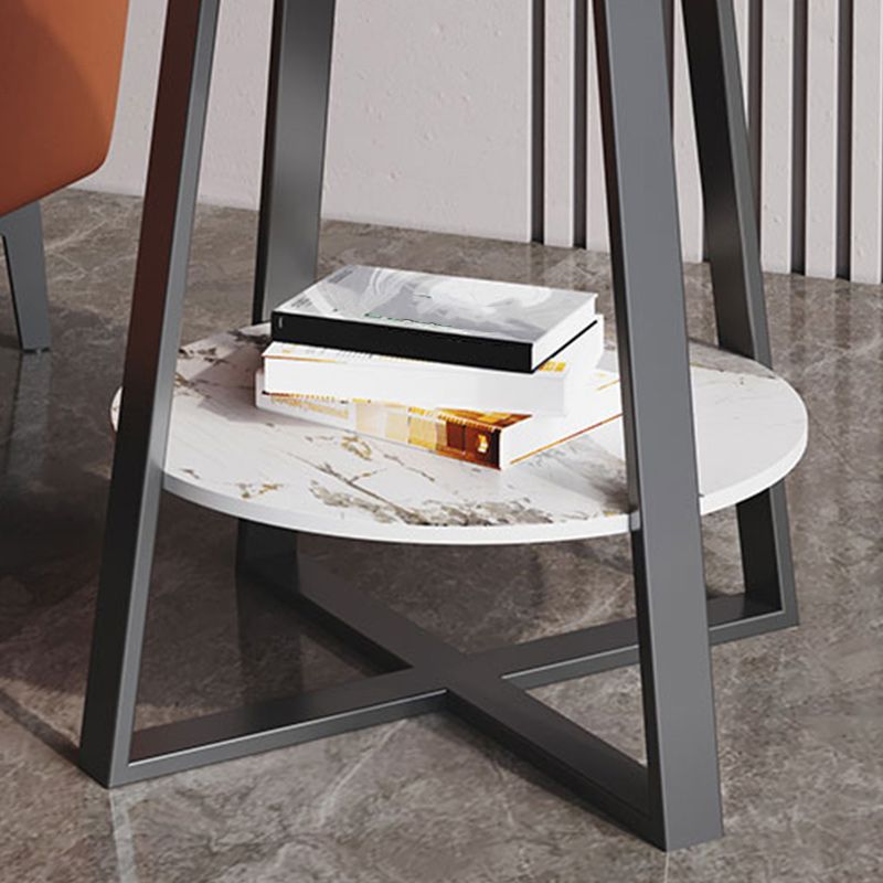 Contemporary Stone End Table Cross Base Round Top Side End Table with Shelf
