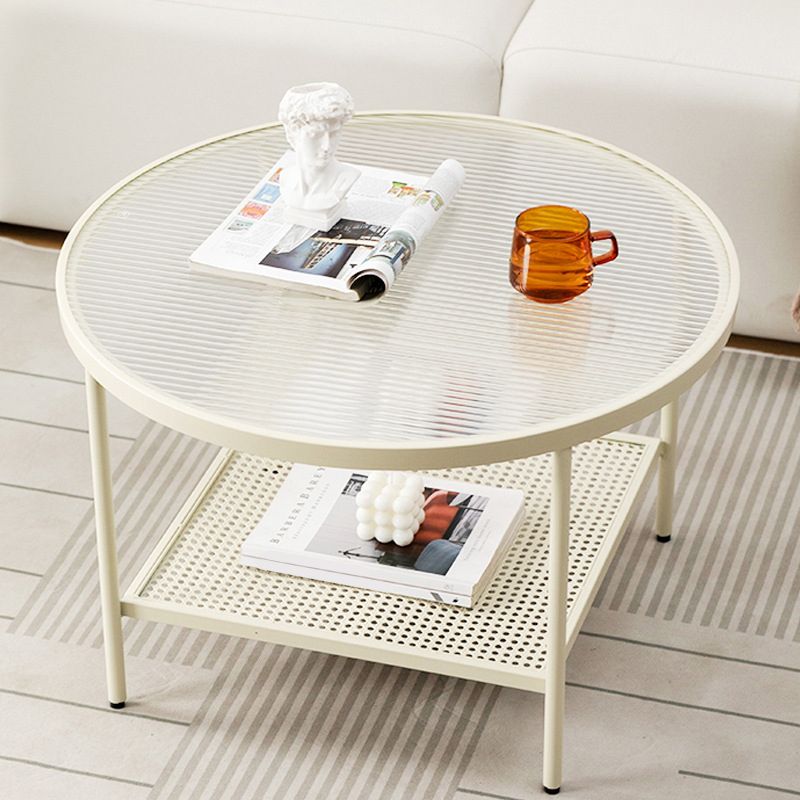 Modern 17.7"H Round Glass Cocktail Table Iron 4 Legs Coffee Table with Shelf