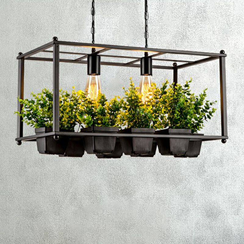 Metal Rectangular Cage Island Light Industrial Industrial 2-Bulb Living Room Pendant Light avec faux pot de plante en vert