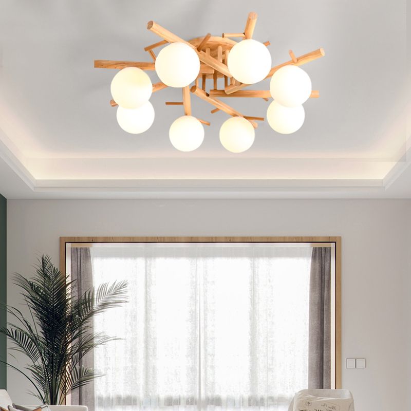 Luminaire de plafond en forme de globe en bois, luminaire de style moderne, beige