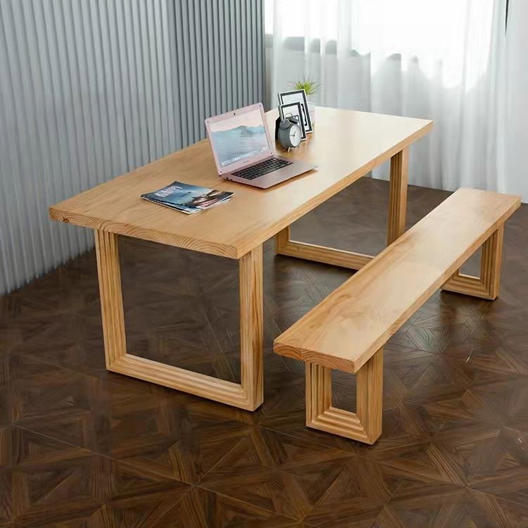 Rechthoek houten tafel in de natuur moderne dennenafel met dubbele voetstuk