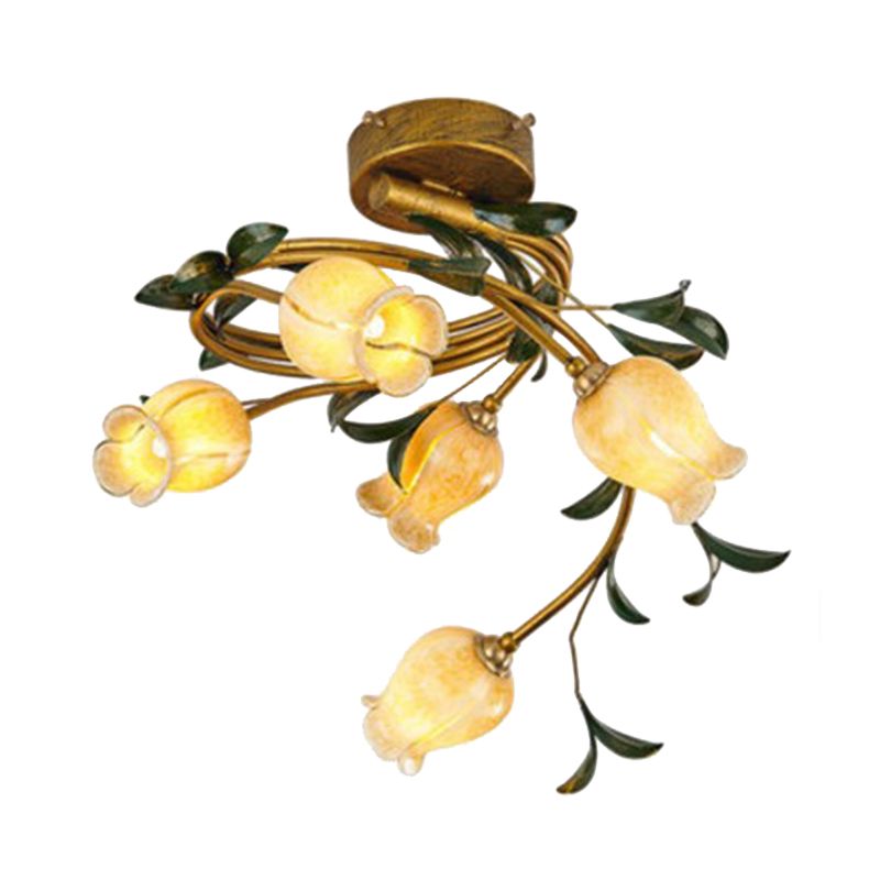 Pétal en laiton Semi Flush Mount Light Rural Verre beige 5 lumières