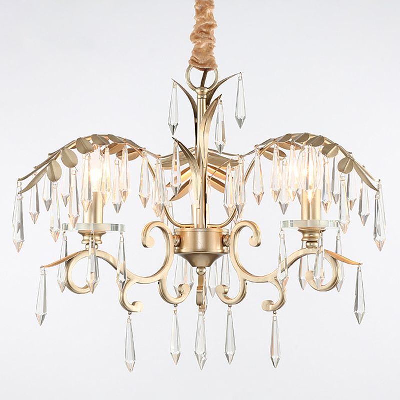 Crystal Palm Leaf Chandelier Colonial Style Dining Room Ceiling Suspension Lamp in Gold
