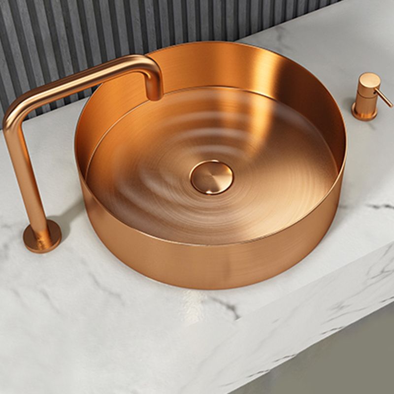 Modern Vessel Bathroom Sink Metal Round with Pop-Up Drain Wash Stand