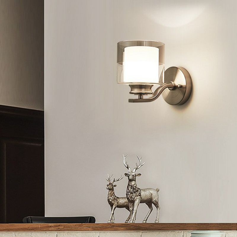 Dual Glass White Wall Sconce Cylindrical 1 Head Minimalistic Wall Mount Lamp for Bedroom