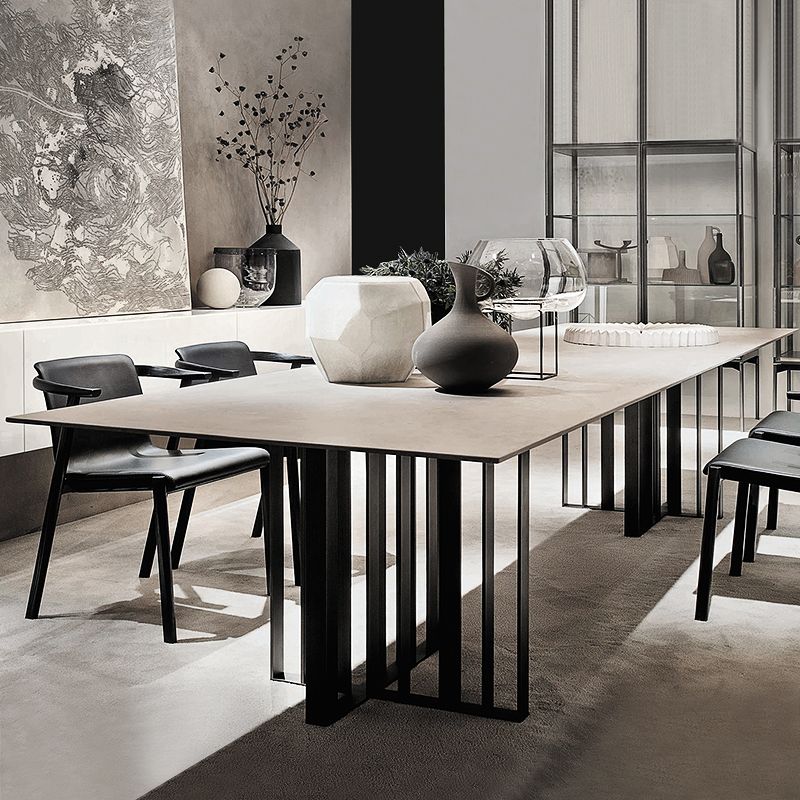 Mesa de comedor industrial de piedra sinterizada Mesa rectangular con pedestal doble de metal