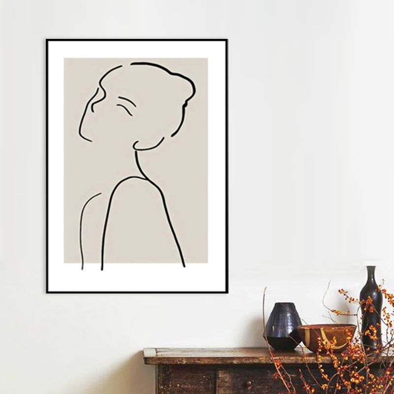 Elegant Woman Line Drawing Canvas Wall Art for Girls Bedroom, Beige and Black, Textured