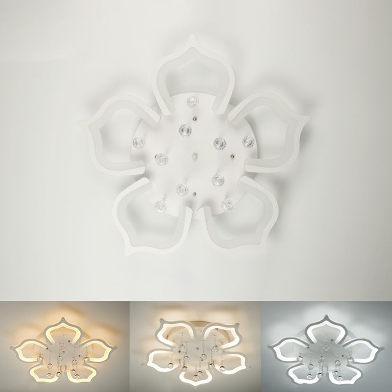 White Lotus Flush Ceiling Light Modernity LED Acrylic Semi Flush Mount with Crystal Decor