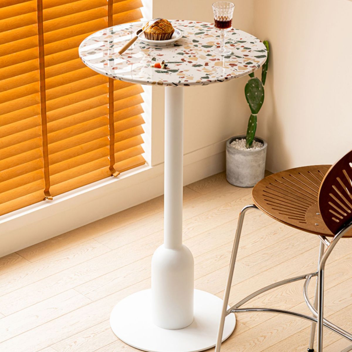 Industrial Steel Bar Dining Table Terrazzo Top Indoor Bistro Table with Single Pedestal