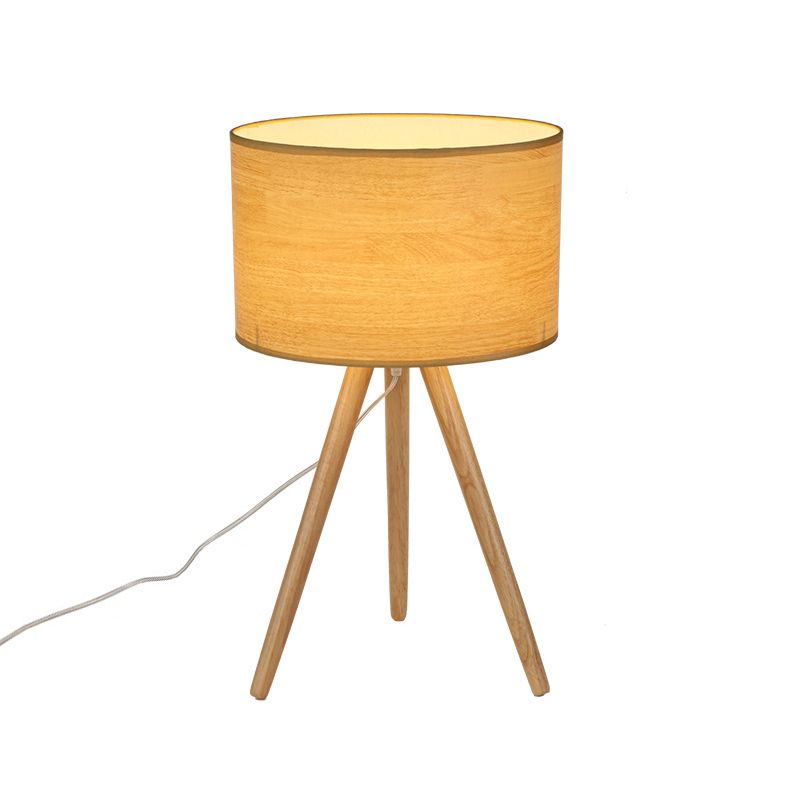 1 Lampen Nachttisch Lampe Minimalist Holzstativ Nachtlicht mit Säulenstoffschatten