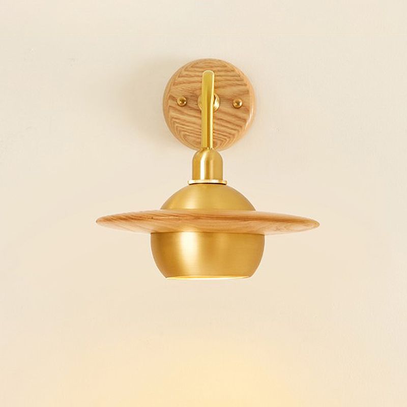Wood Dome Wall Lighting Fixture Asian Single Head Metal Wall Mount Light for Bedroom