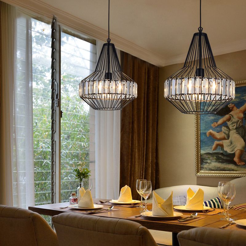 Illuminazione a sospensione cristallina in gabbia geometrica Vintage Light Black Affermazione per ristorante