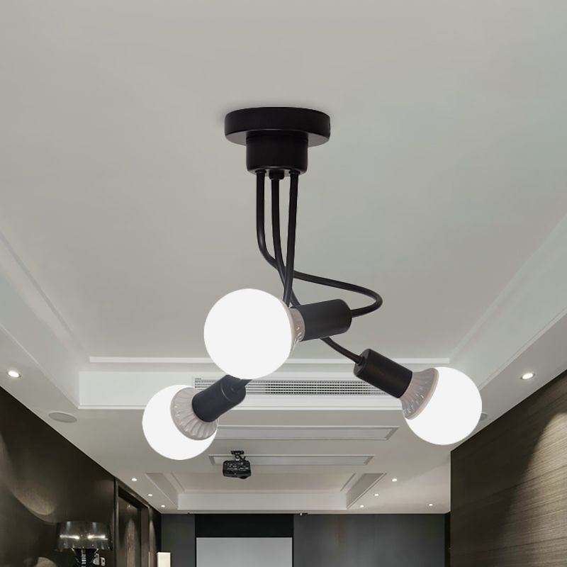 Black Finish Curved Arm Semi Flush Mount Light Minimalist 3/5 Bulbs Iron Flush Ceiling Lamp Fixture