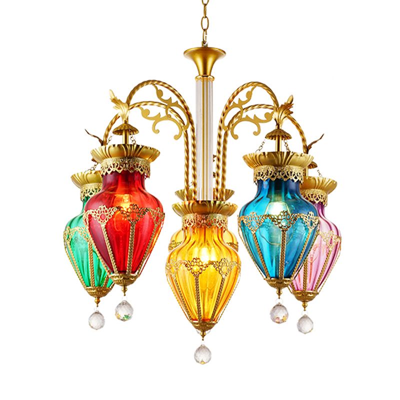 Urn Red-Yellow-Blue Glass Hanging Chandelier Moroccan 6 Lights Restaurant Ceiling Light