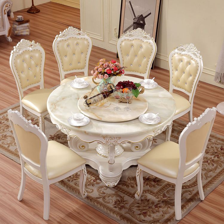 Oak Wood Victorian Round Dining Table Faux Marble Table Top with Pedestal Base