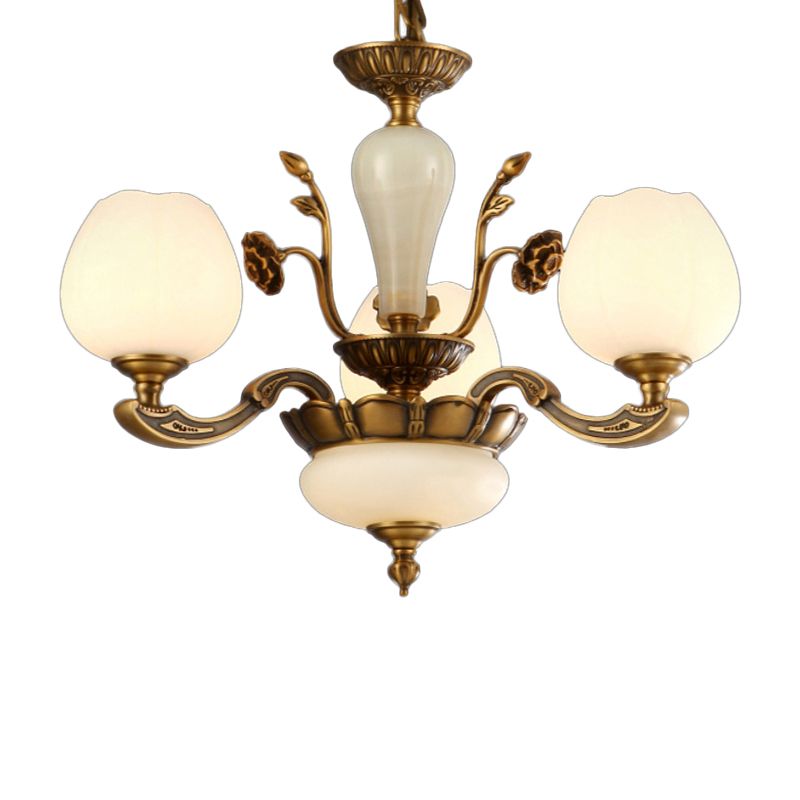 Traditionele knopvormige hangende lamp 3/6 lichten Frosted wit glas kroonluchter in messing
