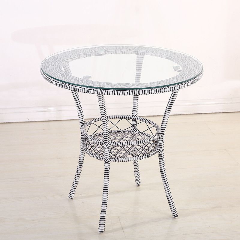 Tropical Glass Top 4 Legs Cocktail Table with Shelf Round Coffee Table