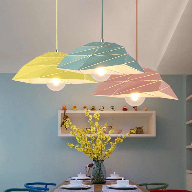 Luz de colgante de techo de 1 luz contemporánea con sombra de metal rosa/amarillo/verde lámpara colgante asimétrica