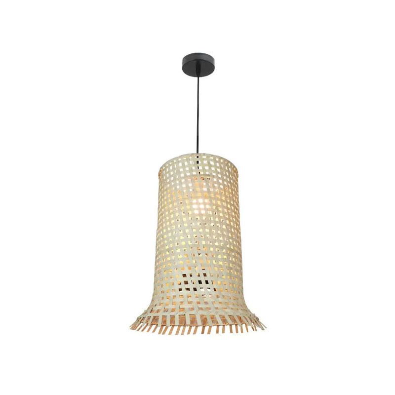 Bamboo Braided Cylindrical Ceiling Lamp Asian 1 Head Wood Hanging Pendant Light with Fringe Trim